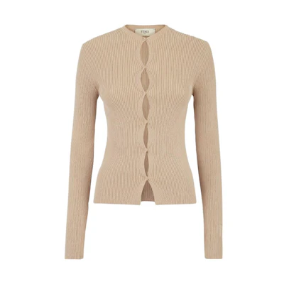 (Women) FENDI SS23 Khaki Long-Sleeve Knit Cardigan with Hollow Design. FZC963ANJBF1KE0