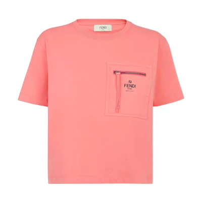 (Women) FENDI SS23 Pink Logo Print Zip Crewneck Short Sleeve T-Shirt. FS7389ANQSF1K9Y