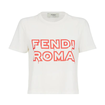(Women) FENDI SS23 White Cropped Logo Print Short Sleeve T-Shirt FS7389AMGUF1KJ4