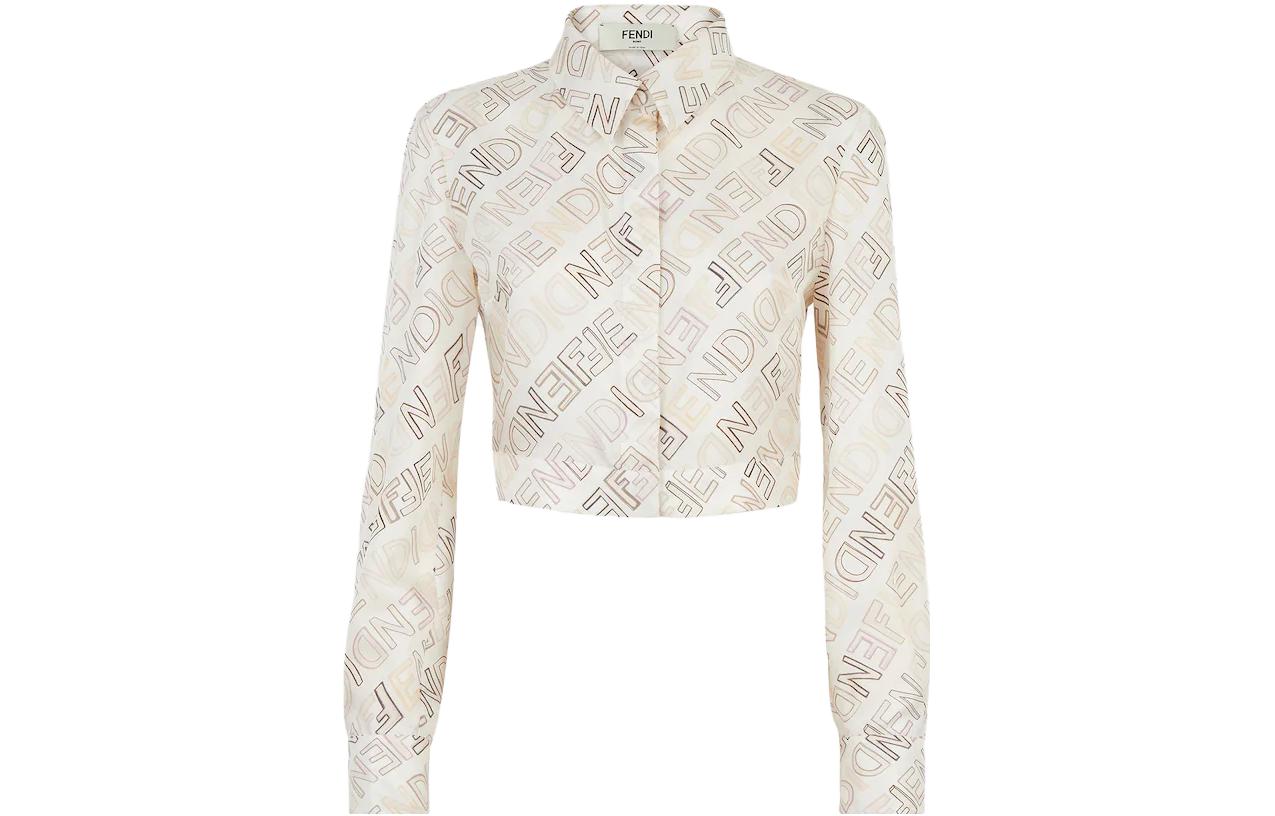 (Women) FENDI SS23  White Cropped Long-Sleeve Shirt with Logo Print. FS7994AQ3FF1M2A