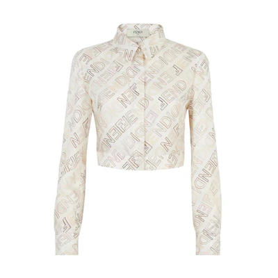 (Women) FENDI SS23 White Cropped Long-Sleeve Shirt with Logo Print. FS7994AQ3FF1M2A