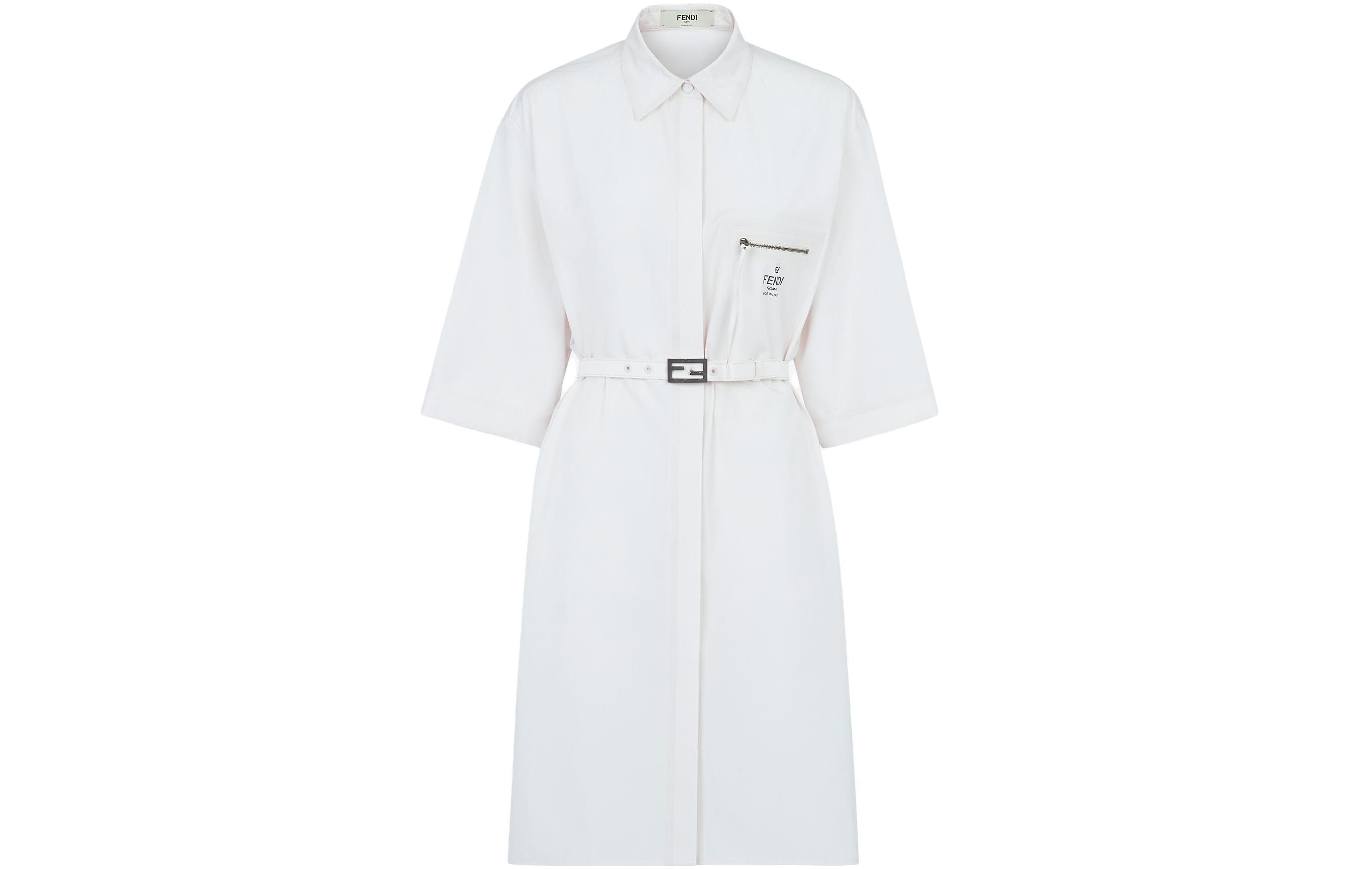 (Women) FENDI SS23  White Logo Print Short Sleeve Shirt Dress. FDC661AFLKF0ZNM