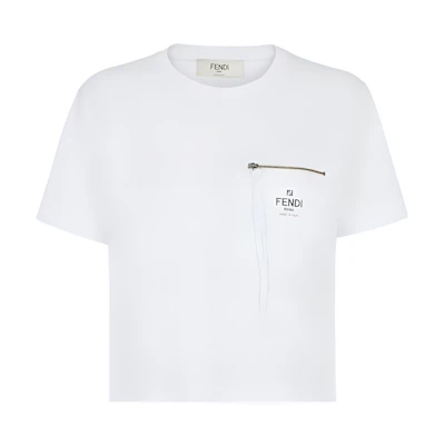 (Women) FENDI SS23 White Logo Print Zip-Up Crew Neck T-Shirt. FS7389ANQSF0ZNM