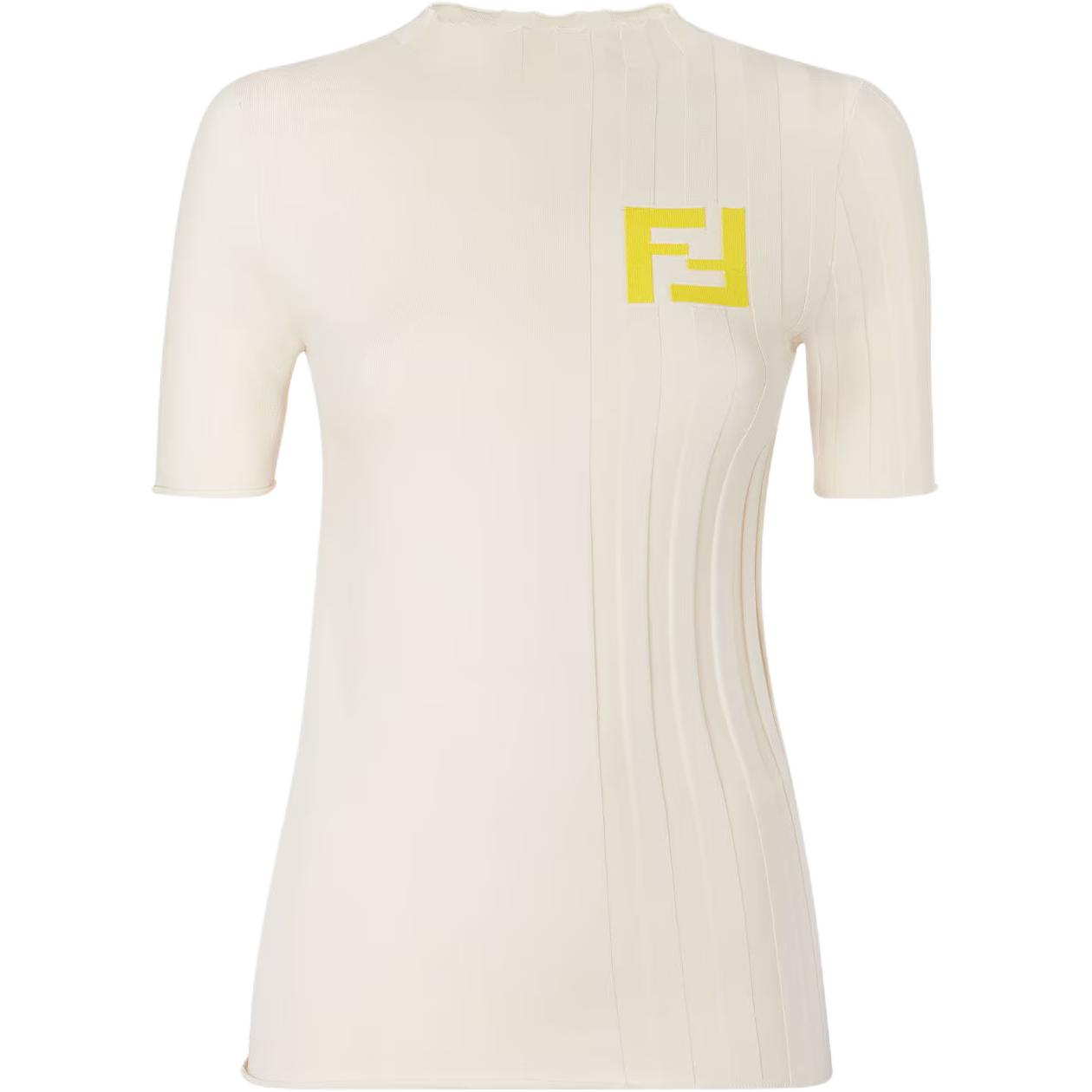 (Women) FENDI SS24  Beige Logo Print Slim Fit Short Sleeve Knit Top. FZXC37ASOSF1P2N