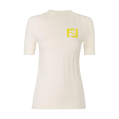 (Women) FENDI SS24 Beige Logo Print Slim Fit Short Sleeve Knit Top. FZXC37ASOSF1P2N