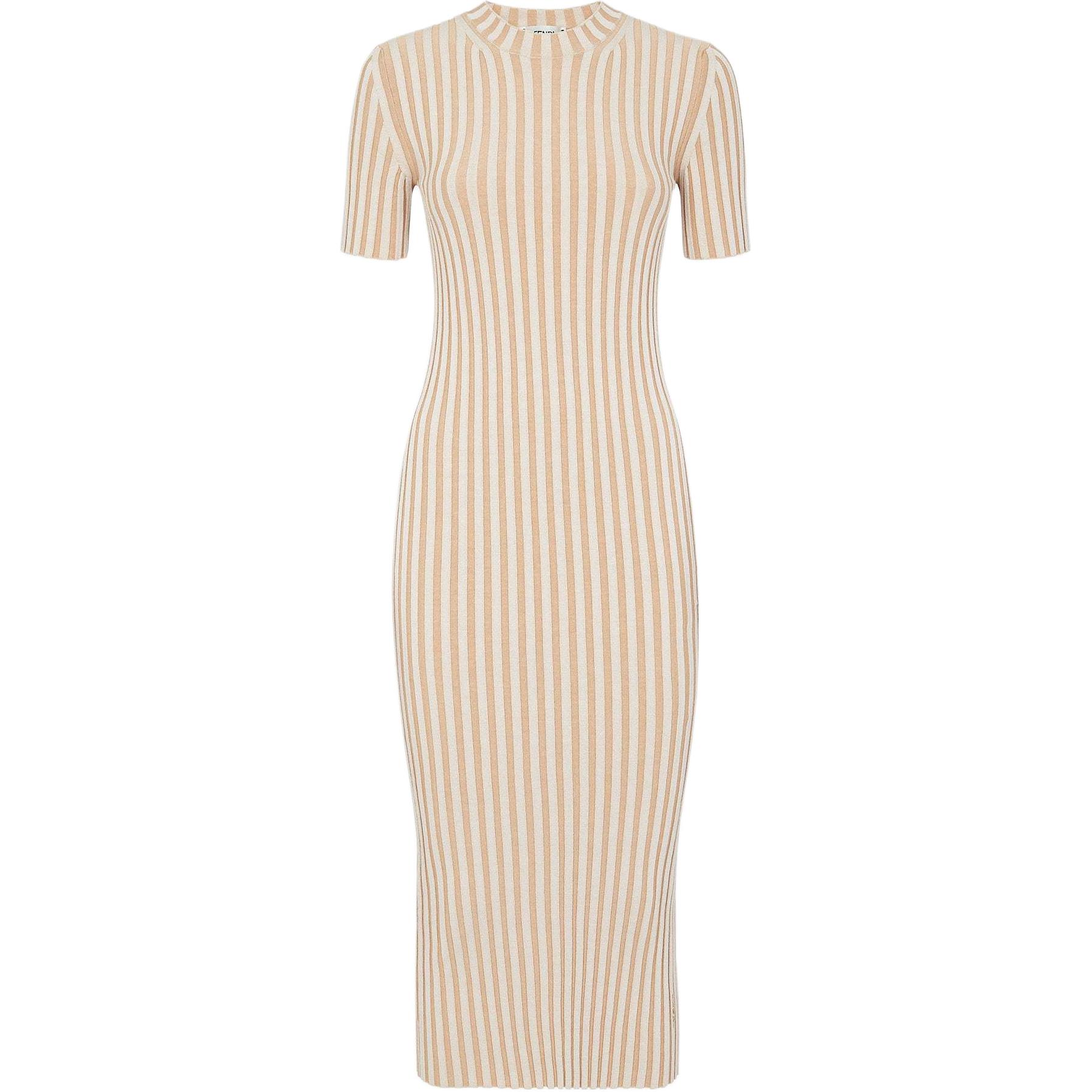 (Women) FENDI SS24  Beige Slim Fit Maxi Dress with Logo Embroidery & Stripes. FZDC76ARVJF1PH7
