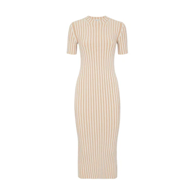 (Women) FENDI SS24 Beige Slim Fit Maxi Dress with Logo Embroidery & Stripes. FZDC76ARVJF1PH7