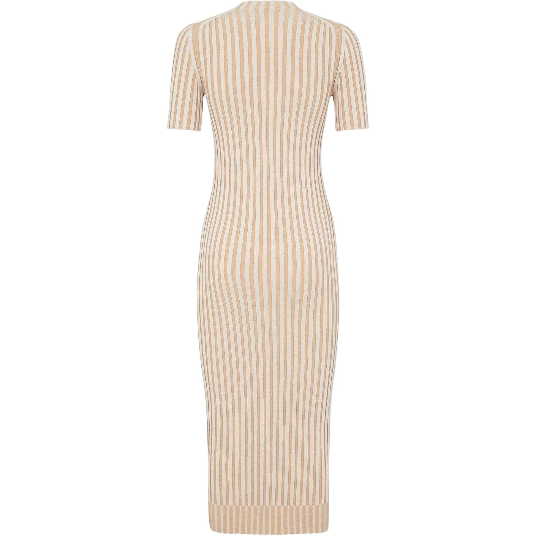 Lookbook (W) 芬迪 SS24 米色修身长裙，徽标刺绣与条纹设计。 FZDC76ARVJF1PH7