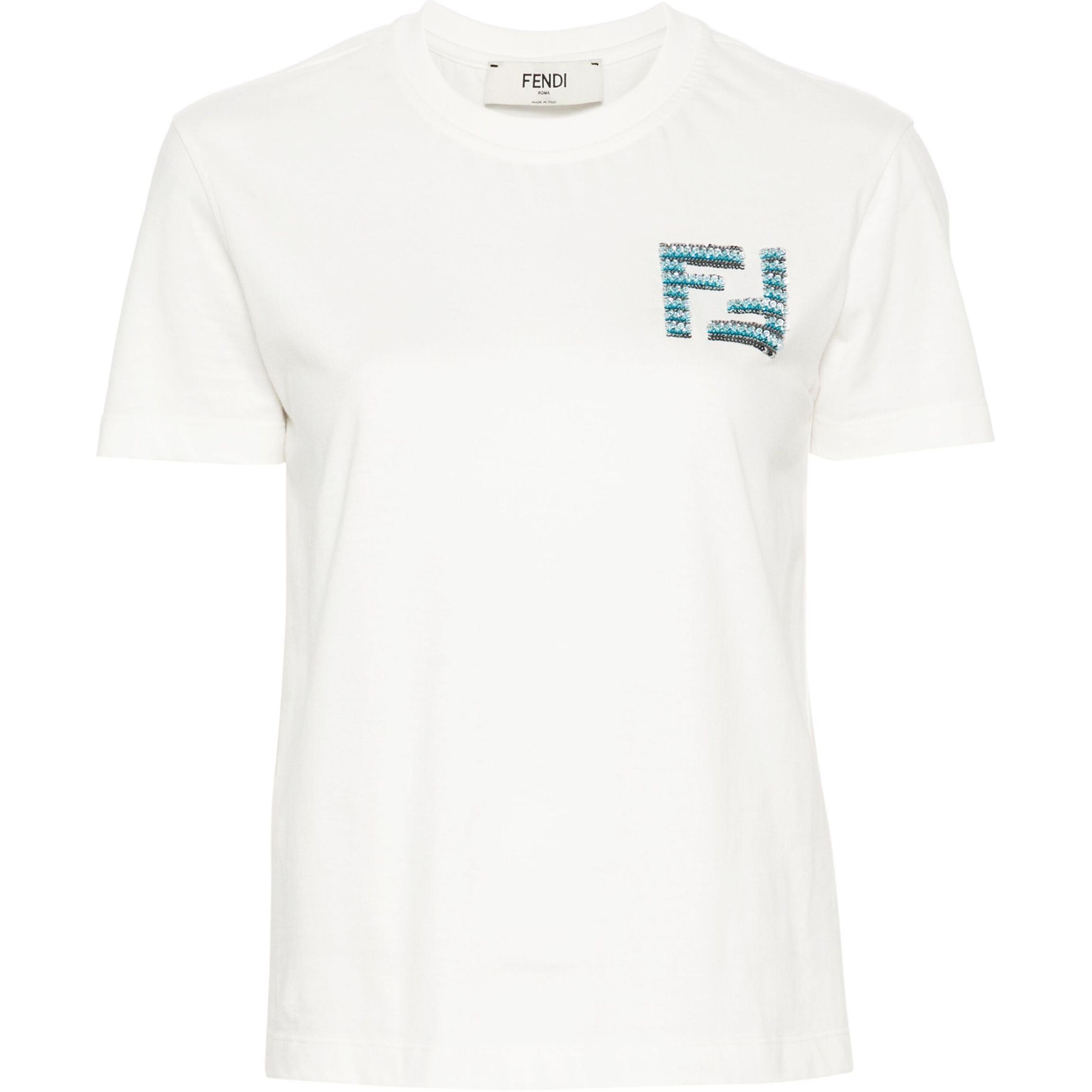 (Women) FENDI SS24  White Logo Crewneck Short-Sleeve T-Shirt. FS7254AT1UF1J7U