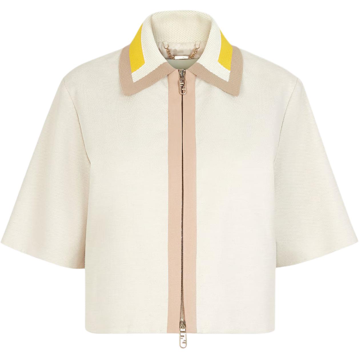 (Women) Fendi SS24 Beige Logo Embroidered Knit Short Sleeve Jacket FJ7531AWZWF1P2N