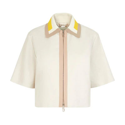 (Women) Fendi SS24 Beige Logo Embroidered Knit Short Sleeve Jacket FJ7531AWZWF1P2N