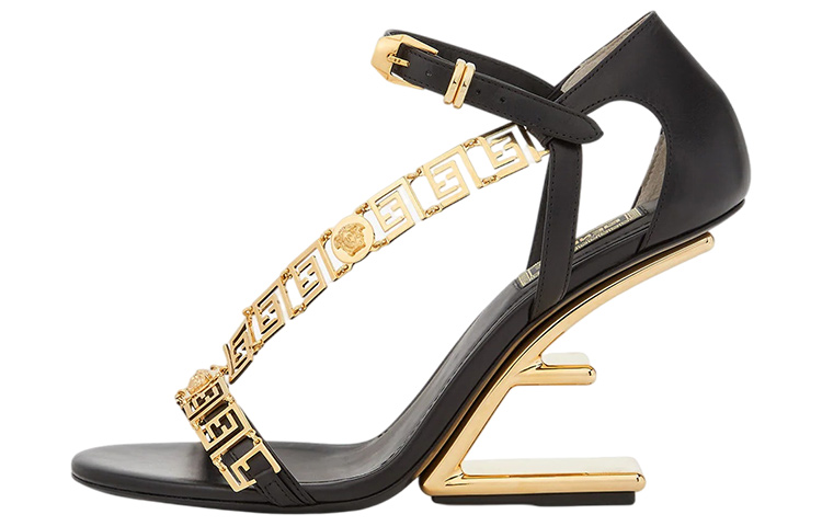 (W) Fendi Versace First Fendace 'Black Leather High-Heeled Sandals'