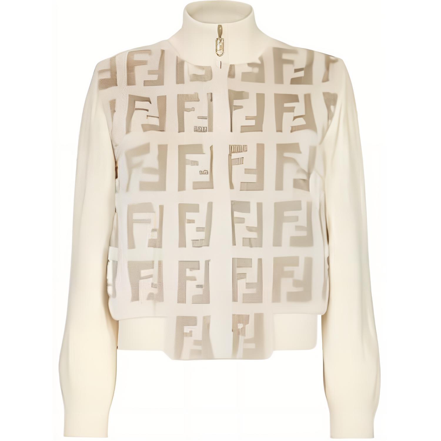 (Women) FENDI White Knit Pattern Zip-Up High Neck Jacket. FNE16FAHOVF1FS7