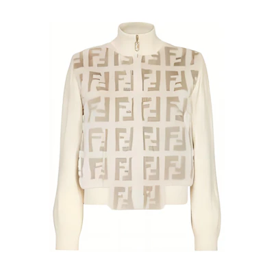(Women) FENDI White Knit Pattern Zip-Up High Neck Jacket. FNE16FAHOVF1FS7