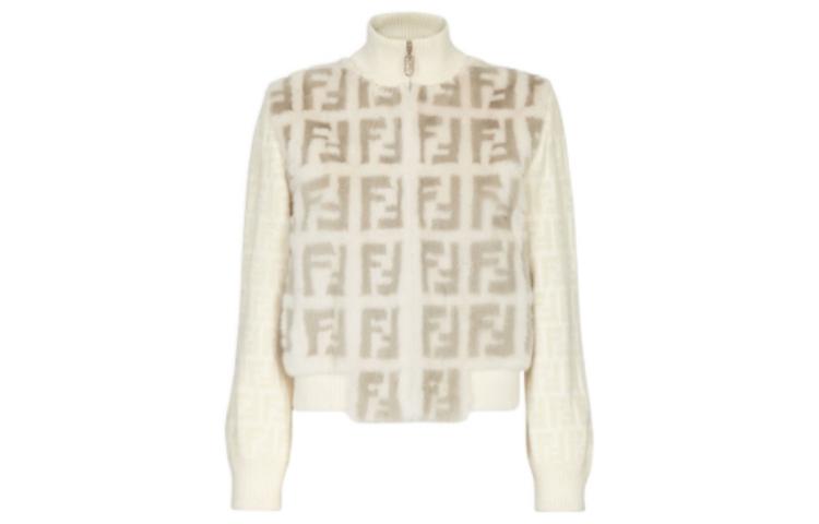 Order (W) FENDI Jaket Leher Tinggi Berzip Pola Knit Putih. FNE16FAHOVF1FS7