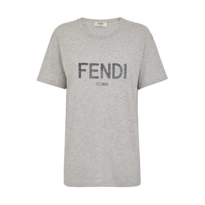 (Women) FENDI Women’s Loose Fit Logo Print Grey Crewneck T-Shirt. FS9599AQ9AF0TDR