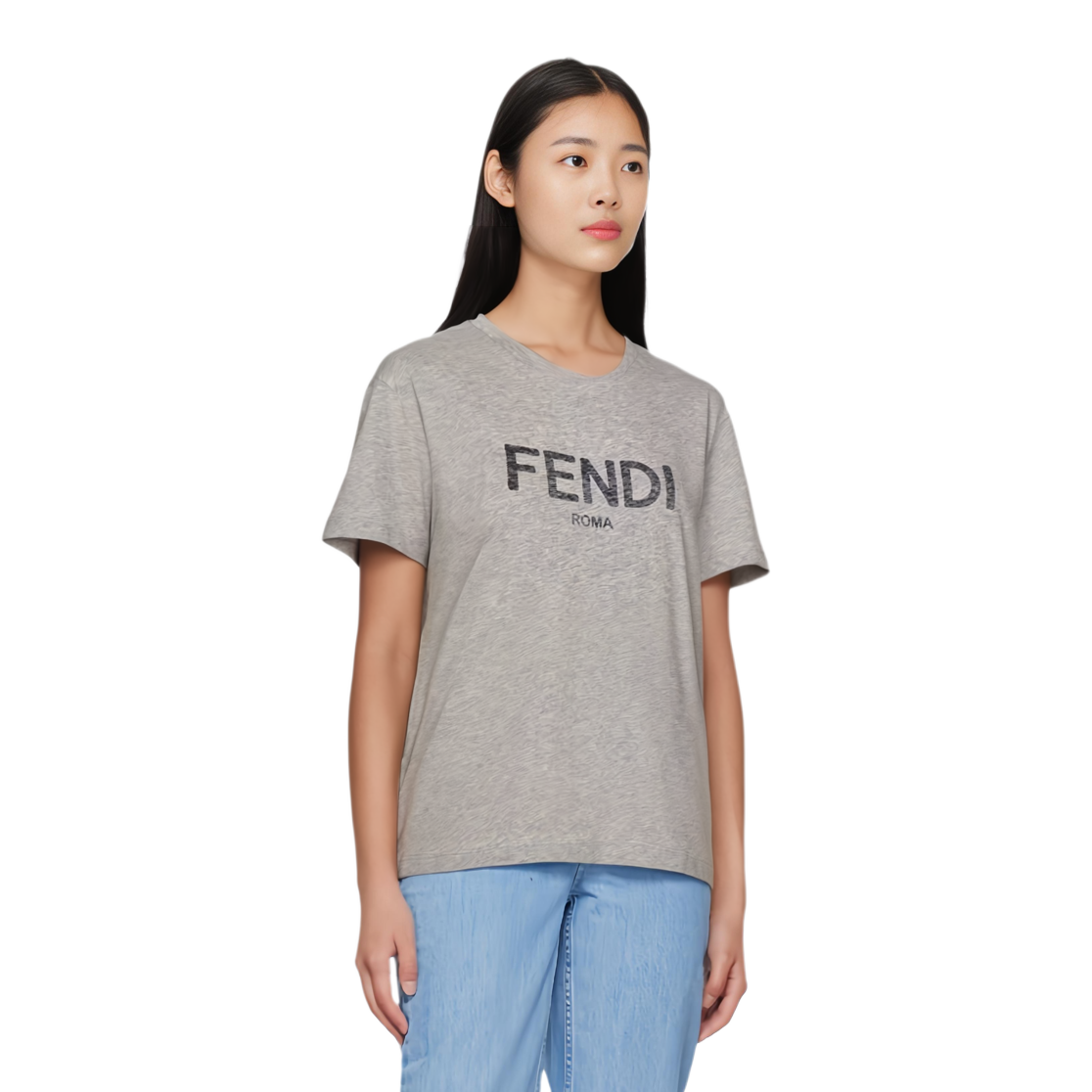 Shop (W) FENDI 女士灰色宽松版印花Logo圆领T恤。 FS9599AQ9AF0TDR