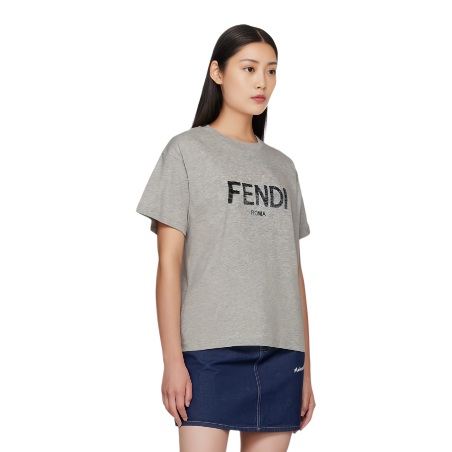 Purchase (W) FENDI 女士灰色宽松版印花Logo圆领T恤。 FS9599AQ9AF0TDR