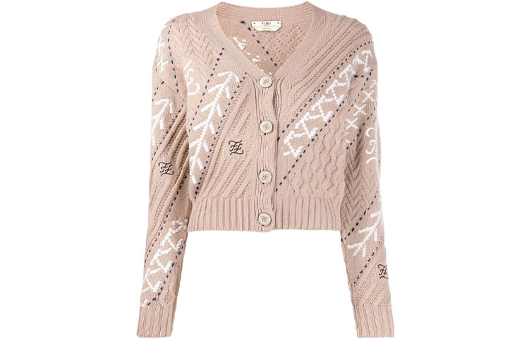 (Women) FENDI Wool Cardigan Sweater with Pattern and Button Closure in Camel. FZC611AAERF19EK