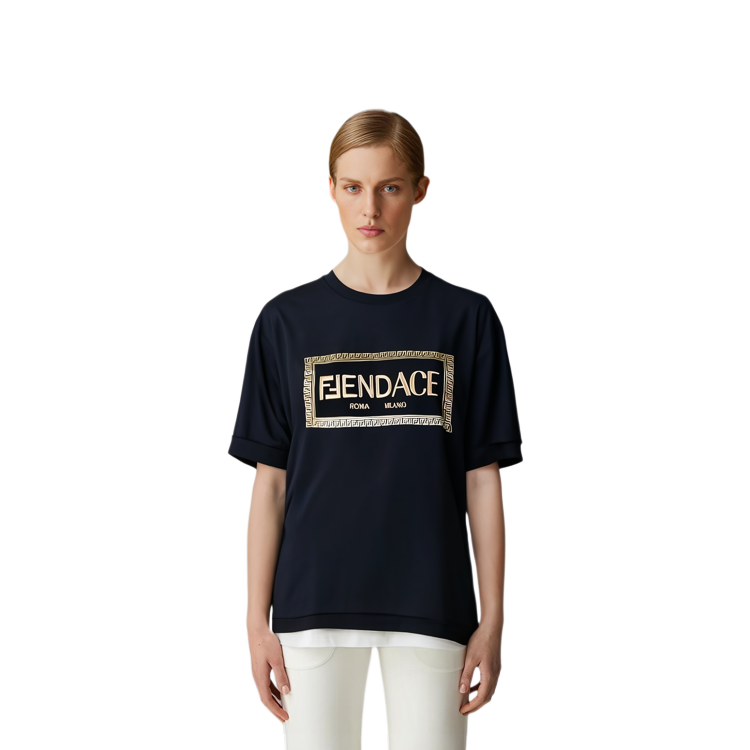 Shop (W) フェンディ x ヴェルサーチ SS22 ロゴパッチ 半袖Tシャツ レディース ブラック FS7900AJKLF0GME