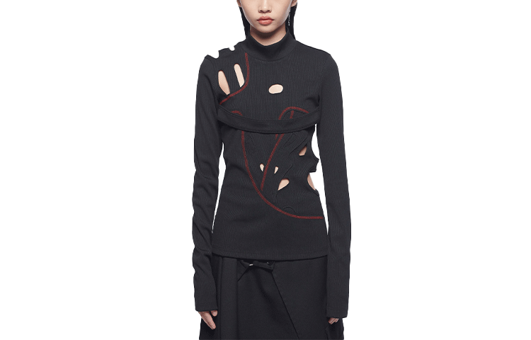 Order (W) Feng Chen Wang Suéter Negro de Punto con Diseño de Líneas Bloque de Color FF12JER1303B