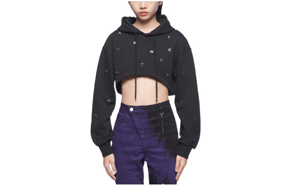(Women) Feng Chen Wang  Black Logo Print Cropped Hoodie. FF12HOO415B