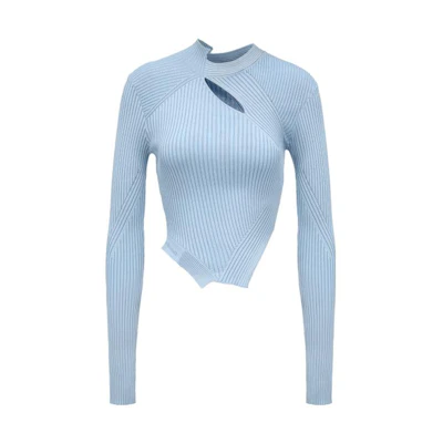 (Women) FENG CHEN WANG Blue Short Knitted Long Sleeve Sweater. FWS15KT06