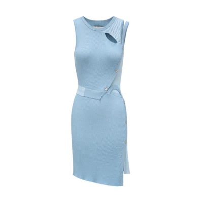 (Women) Feng Chen Wang Blue Sleeveless Knit Midi Dress with Spliced Design. FWS17KT10