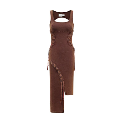 (Women) Feng Chen Wang Minimalist Brown Sleeveless Dress with Lace-Up Detail FWF18DR02C