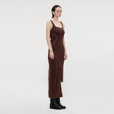 (W) Vestido Marrón Minimalista sin Mangas Feng Chen Wang con Detalle de Cordones FWF18DR02C Purchase (W) Vestido Marrón Minimalista sin Mangas Feng Chen Wang con Detalle de Cordones FWF18DR02C