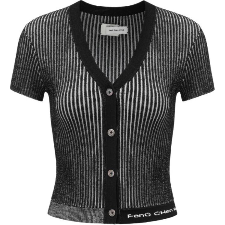 (Women) Feng Chen Wang  V-Neck Striped Knit Short Sleeve Shirt Black. FWS17KT21