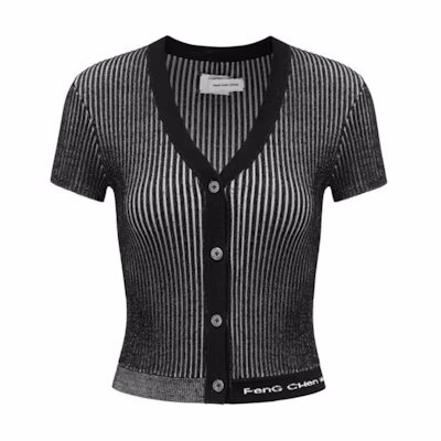 (Women) Feng Chen Wang V-Neck Striped Knit Short Sleeve Shirt Black. FWS17KT21