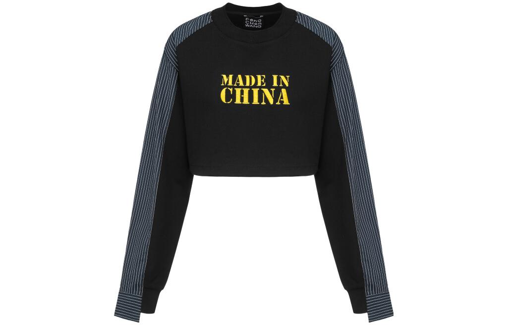 (Women) Feng Chen Wang Color Block Striped Letter Cropped Crewneck Sweatshirt Women’s. FWSRW2TS02