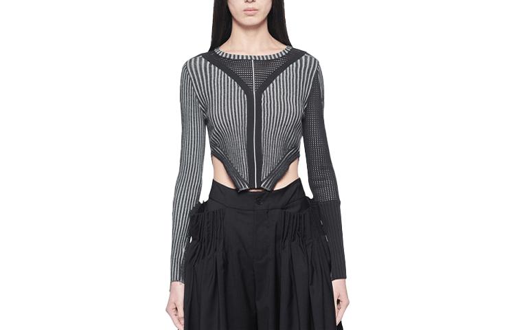 (Women) Feng Chen Wang SS22  Black Knitted Striped Slim-Fit Crewneck Top. FWS13KT03