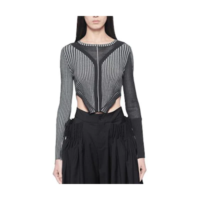 (Women) Feng Chen Wang SS22 Black Knitted Striped Slim-Fit Crewneck Top. FWS13KT03