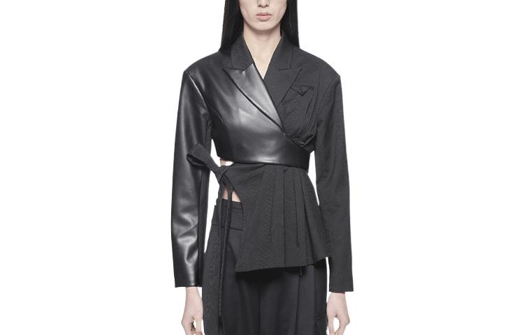 Order (W) FENG CHEN WANG SS22 Chaqueta Negra Fruncida con Solapa y Detalles de Correa. FWS13JK13
