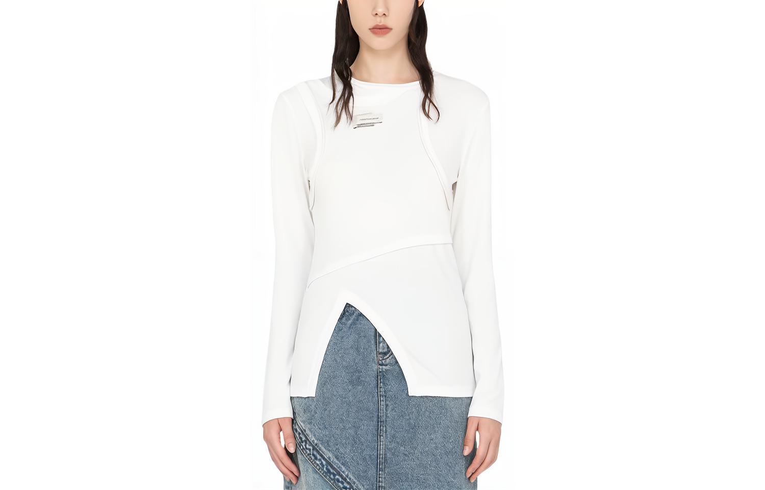 Order (W) Feng Chen Wang SS22 Camiseta Blanca Manga Larga Diseño Dividido Crewneck. FWF14LS02