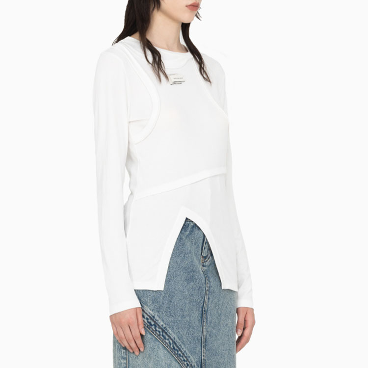 Purchase (W) Feng Chen Wang SS22 Camiseta Blanca Manga Larga Diseño Dividido Crewneck. FWF14LS02