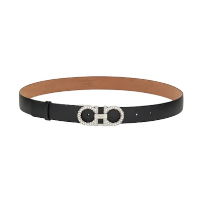 (Women) FERRAGAMO Black Crystal Calfskin Belt with Detachable Buckle 2.3CM. 23B727 717550