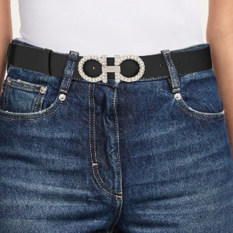 (Women) FERRAGAMO  Black Crystal Calfskin Belt with Detachable Buckle 2.3CM. 23B727 717550 圖 5