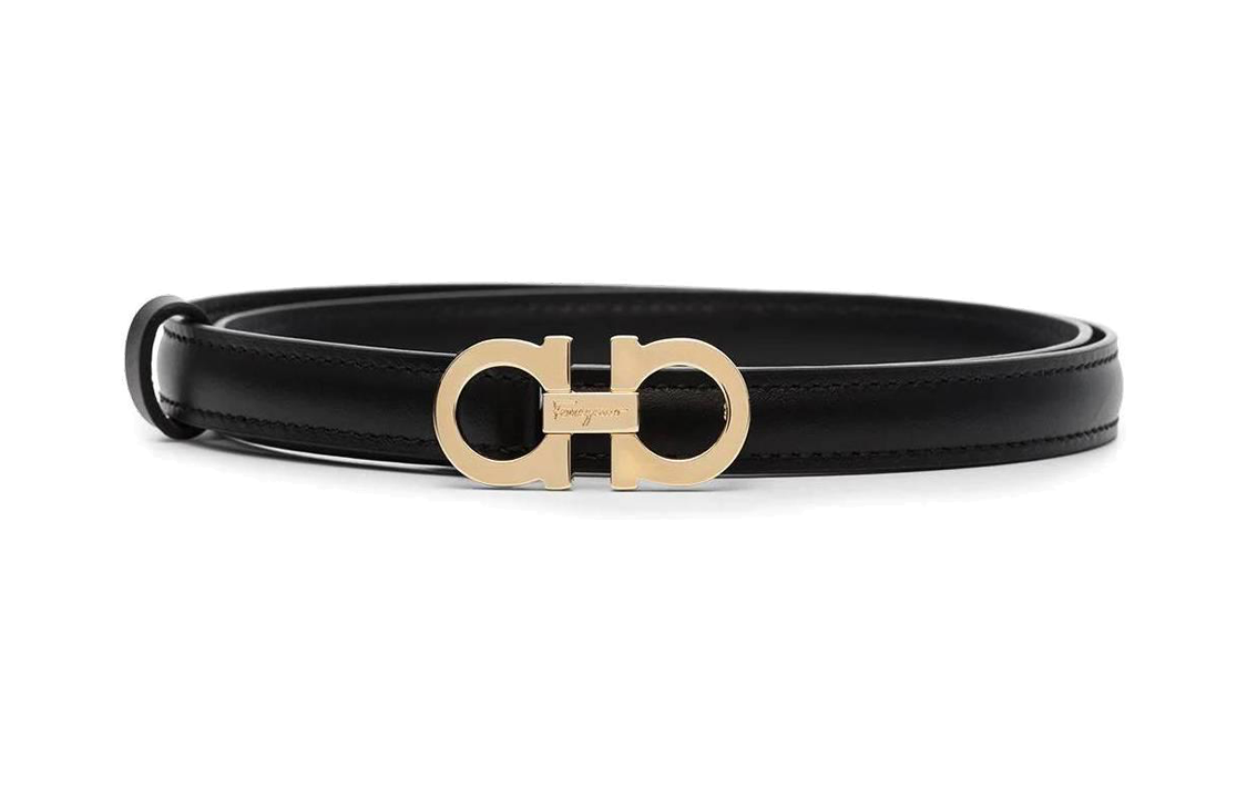 (Women) FERRAGAMO  Black Leather Belt with Engraved Letter Buckle - 1.5cm Wide 23B224675180C