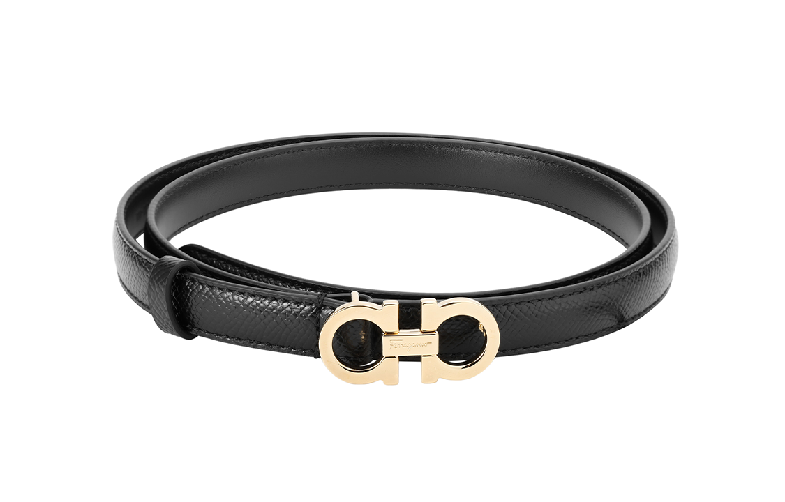 (Women) FERRAGAMO  Black Leather Belt with Logo Buckle - 1.5cm Wide 0675180