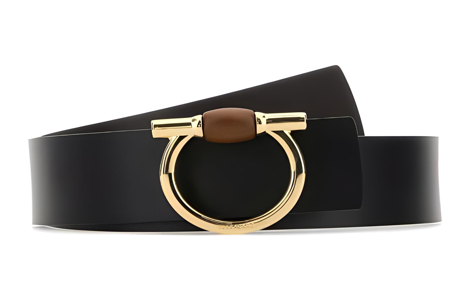 (Women) FERRAGAMO  Black Leather Belt with Smooth Buckle, 5CM Width. 230297771120