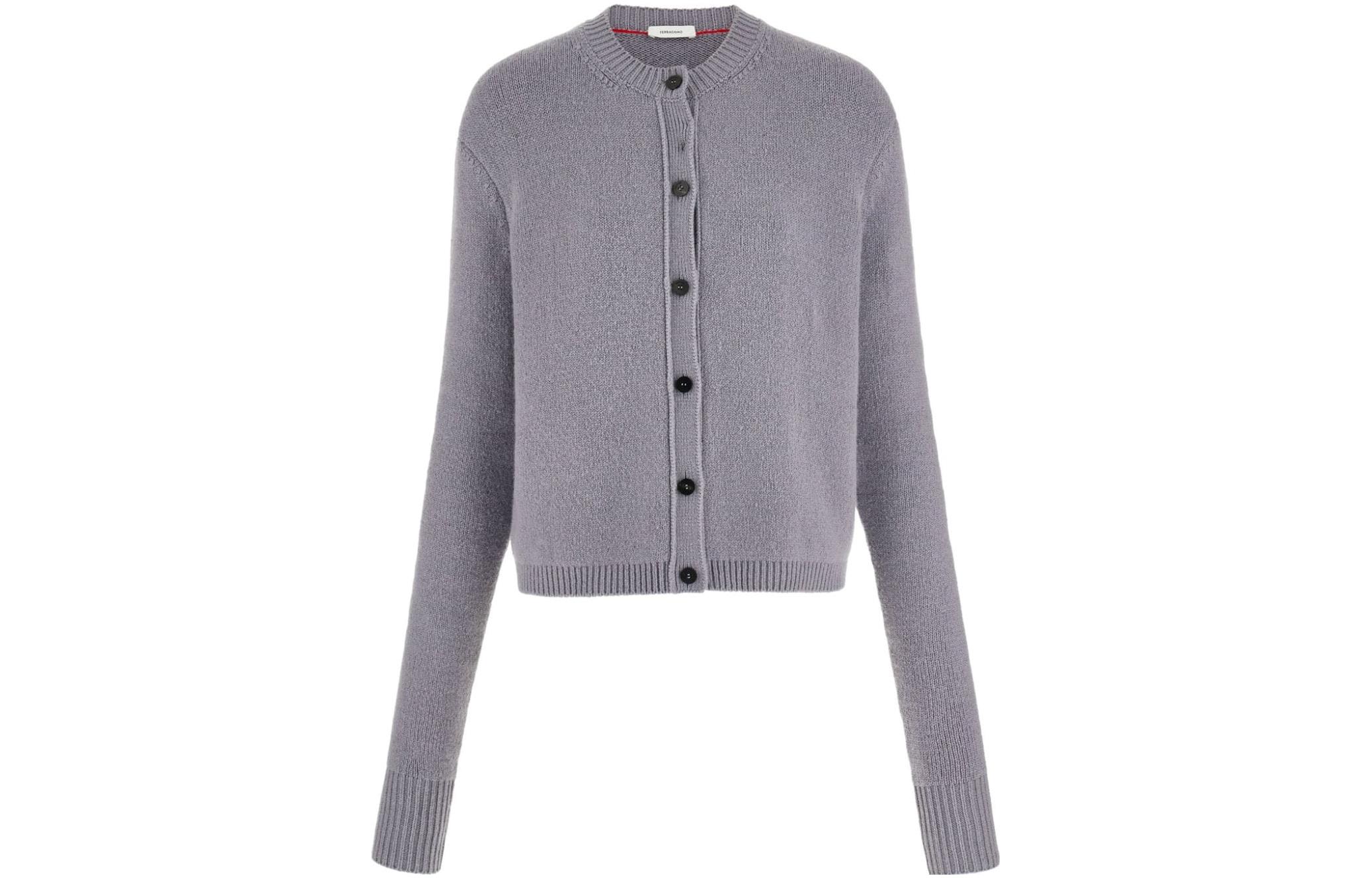 (Women) FERRAGAMO  FW23 Grey Solid Knit Cardigan Long-Sleeve Casual Sweater. 767364
