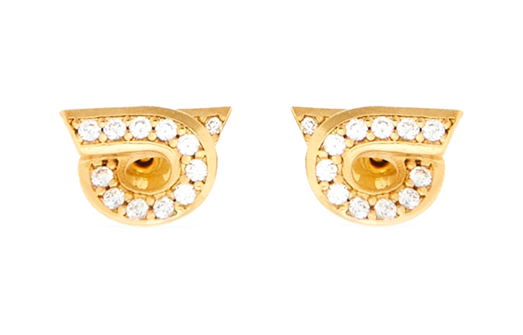 (Women) FERRAGAMO  Gold Brass Glass Crystal Stud Earrings with Pave Detailing. 760700770442