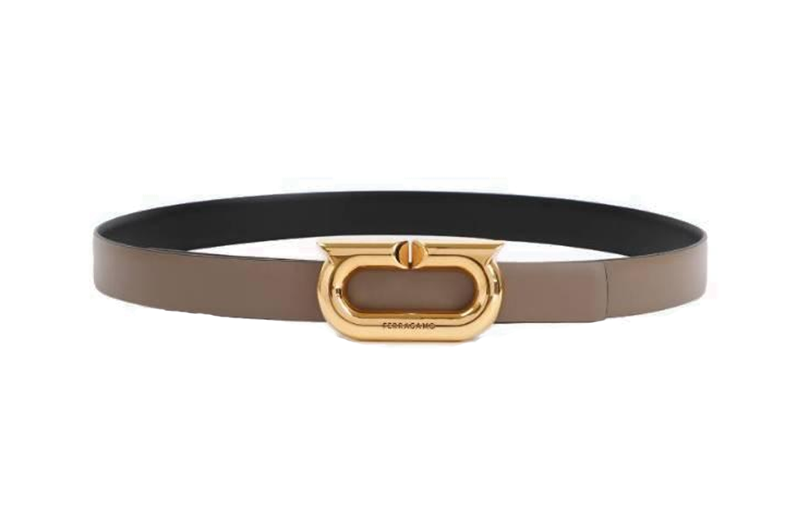 (Women) FERRAGAMO  Leather Belt Khaki Smooth Buckle Logo 2CM Width. 0764435CARAWAY
