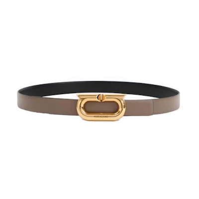 (Women) FERRAGAMO Leather Belt Khaki Smooth Buckle Logo 2CM Width. 0764435CARAWAY