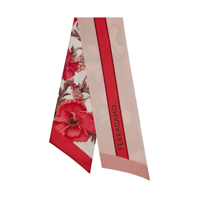 (Women) FERRAGAMO Red Floral Pattern Silk Scarf. 771393