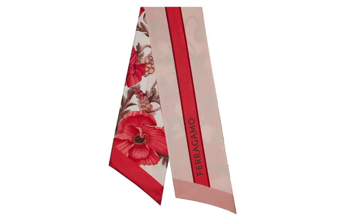 (Women) FERRAGAMO  Red Floral Pattern Silk Scarf. 771393 圖 2
