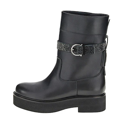 (W) FERRAGAMO Calfskin Boots 'Crystal Embellished Black'